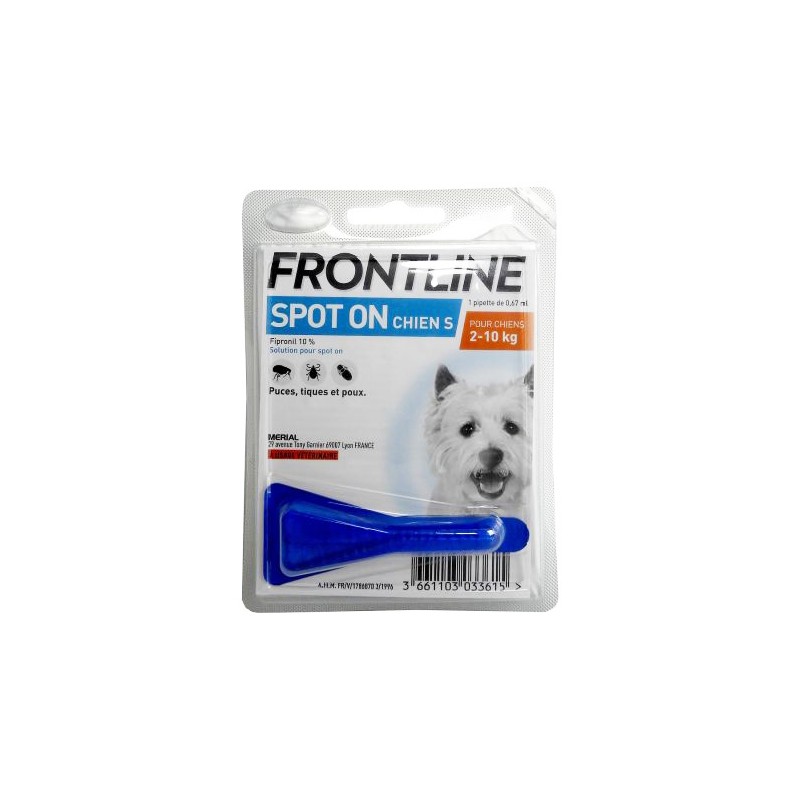 Frontline Spot on chiens Small de 2 à 10 kg - 1 pipette Frontline Spot on chiens Small de 2 à 10 kg - 1 pipette