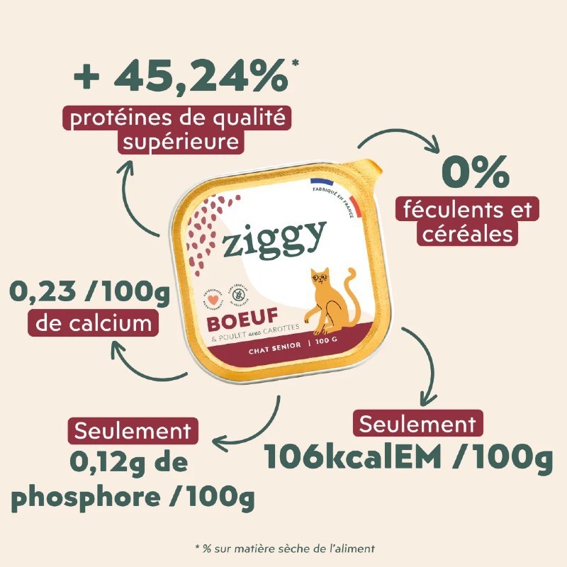 Ziggy Chat Senior sans céréales patées au boeuf 4 barquettes de 100 g - JungleVet Ziggy Chat Senior sans céréales patées au boeuf 4 barquettes de 100 g - JungleVet