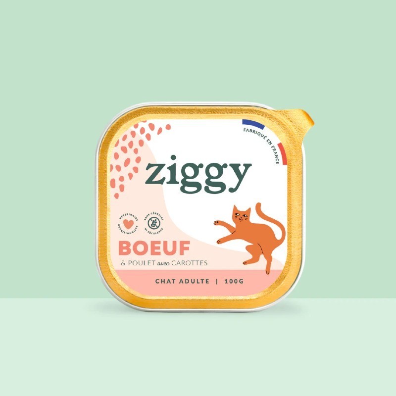 Ziggy Chat Adulte sans céréales patées au Boeuf 4 barquettes de 100 g Ziggy Chat Adulte sans céréales patées au Boeuf 4 barquettes de 100 g