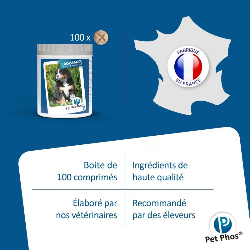 Pet Phos canin Croissance Ca/P 2 grands chiens Boite de 100 cp Pet Phos canin Croissance Ca/P 2 grands chiens Boite de 100 cp