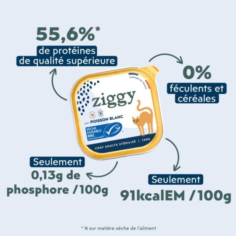 Ziggy Chat Adulte Stérilisé Poisson blanc Pâtée 4 barquettes de 100 g - JungleVet Ziggy Chat Adulte Stérilisé Poisson blanc Pâtée 4 barquettes de 100 g - JungleVet